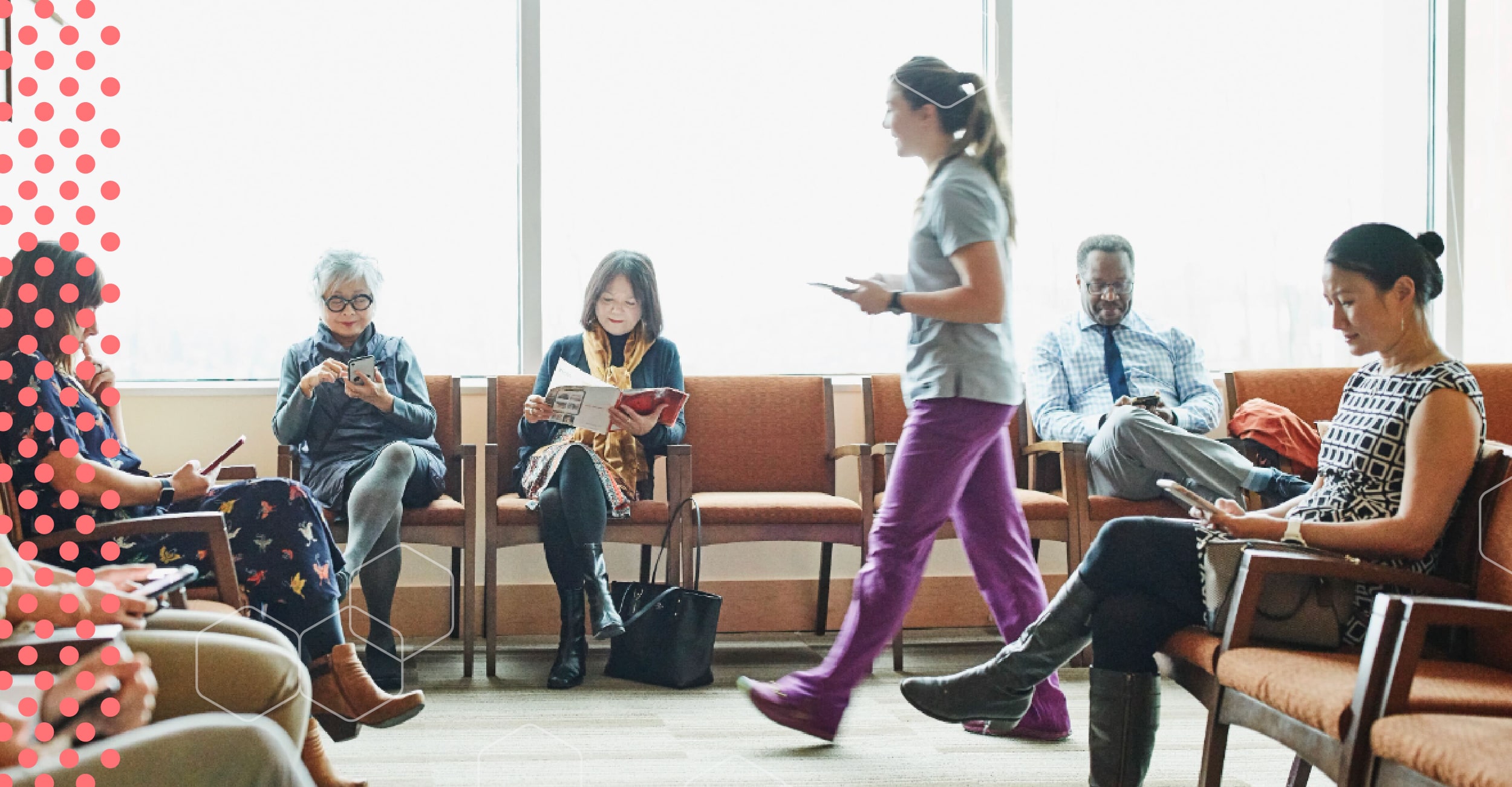 A diverse crowd of people in a doctor's office waiting room.