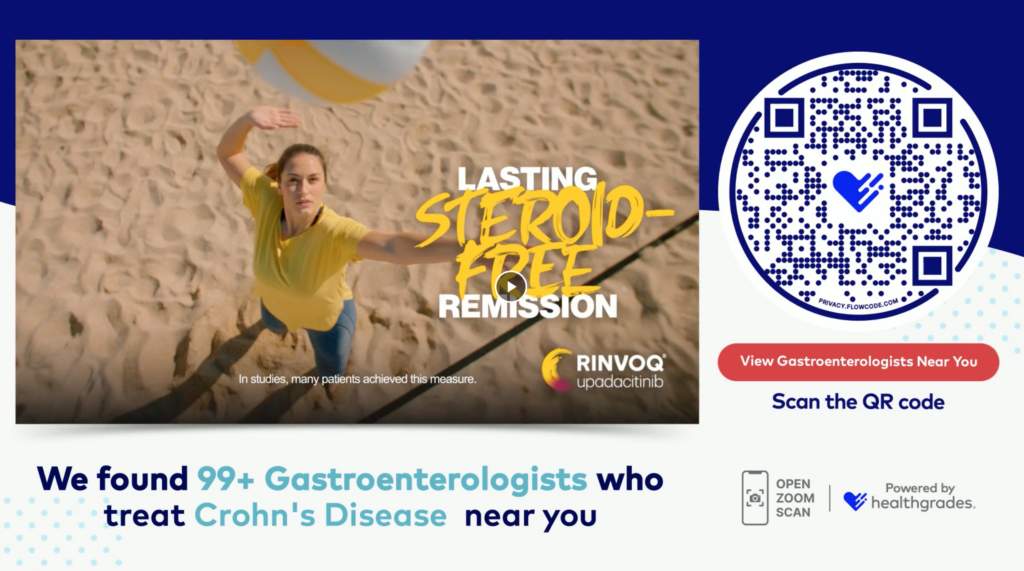 Rinvoq campaign graphic: 'We found 99+ gastroenterologists who treat Crohn's disease near you,' with a QR code to view gastroenterologists near you