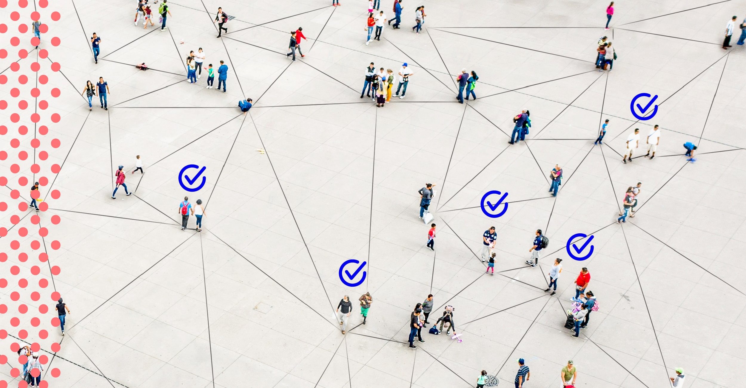 An overhead view of a crowd of people arranged on a grid, some with icons over their heads.