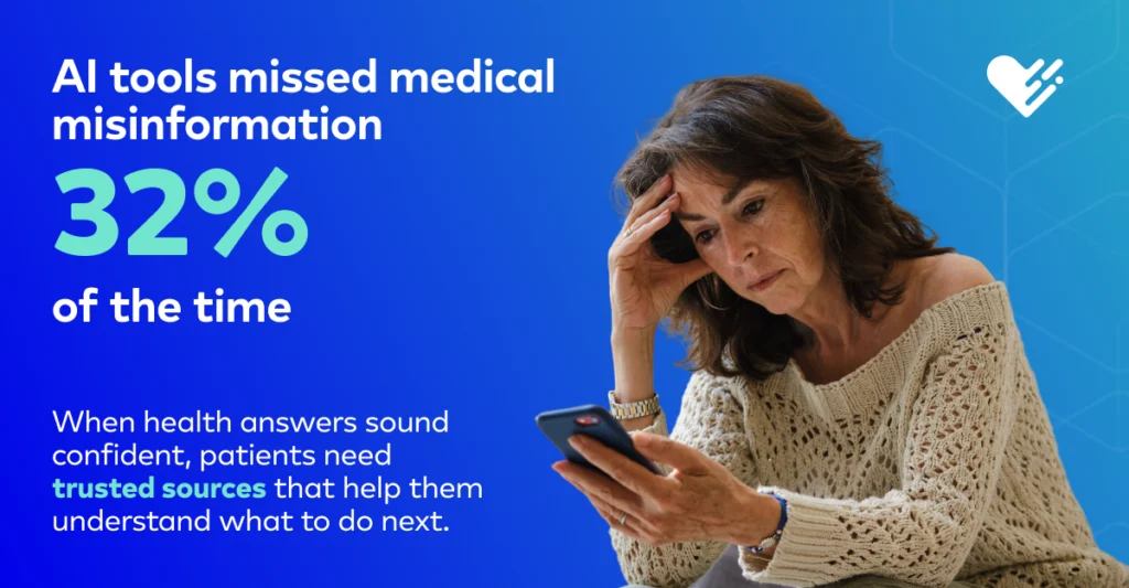 AI tools missed medical misinformation 32% of the time, shown with a woman looking at her phone